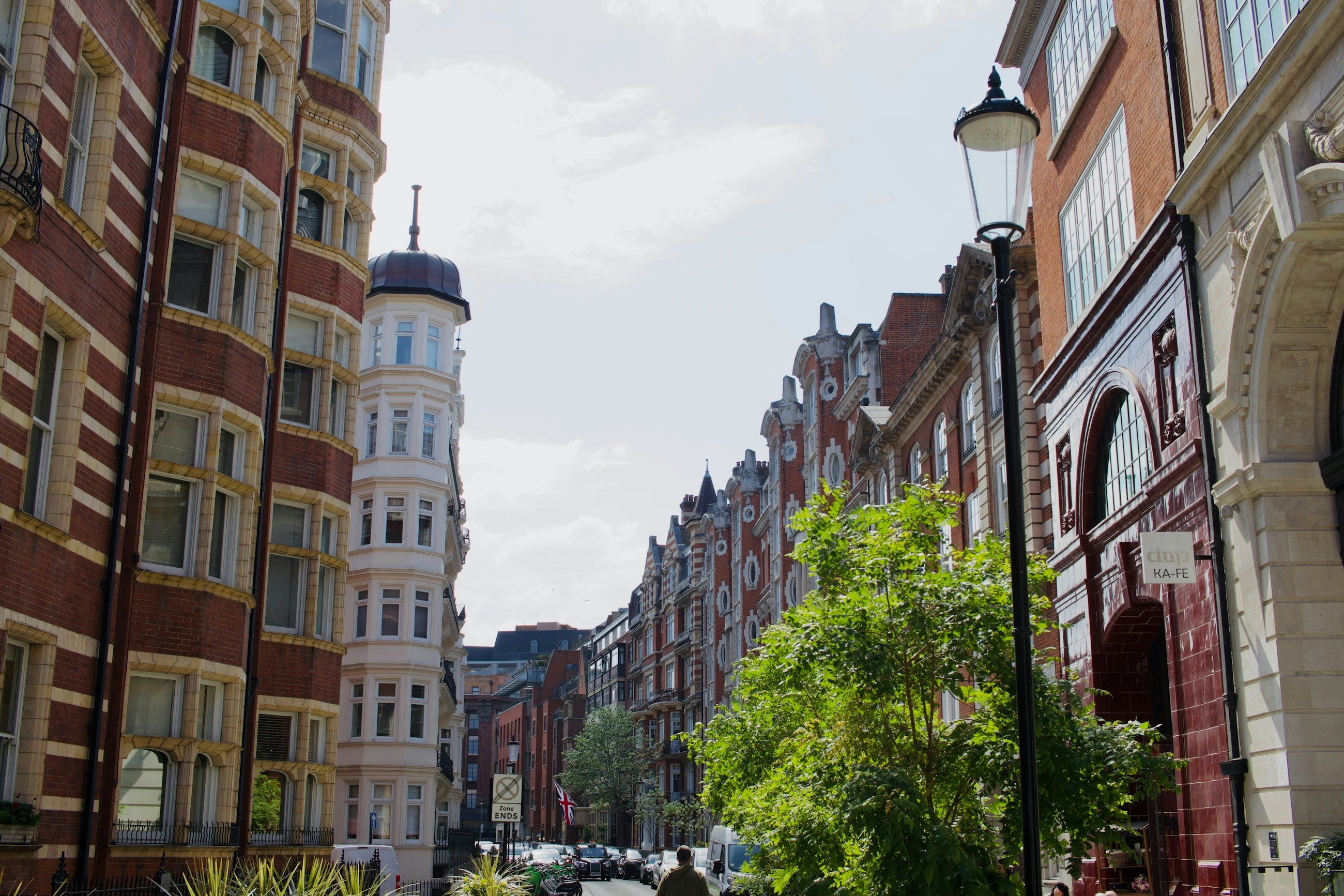 A tree lined London street of red brick mansion blocks in afternoon light