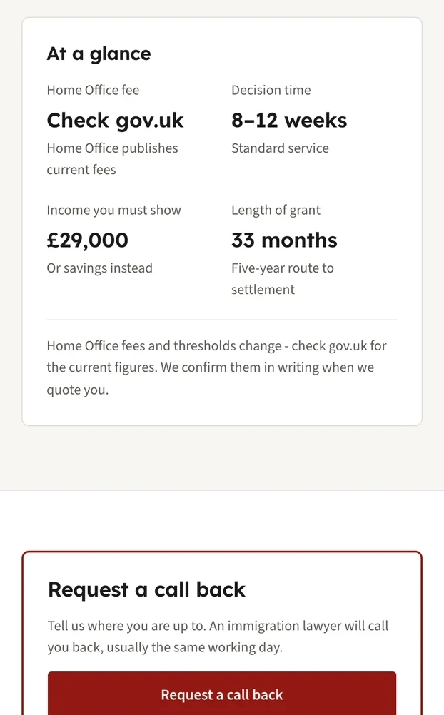 Side column of the Partner and Spouse Visa page on the Compass Immigration Law website, with an At a glance box of the main facts above a Request a call back box