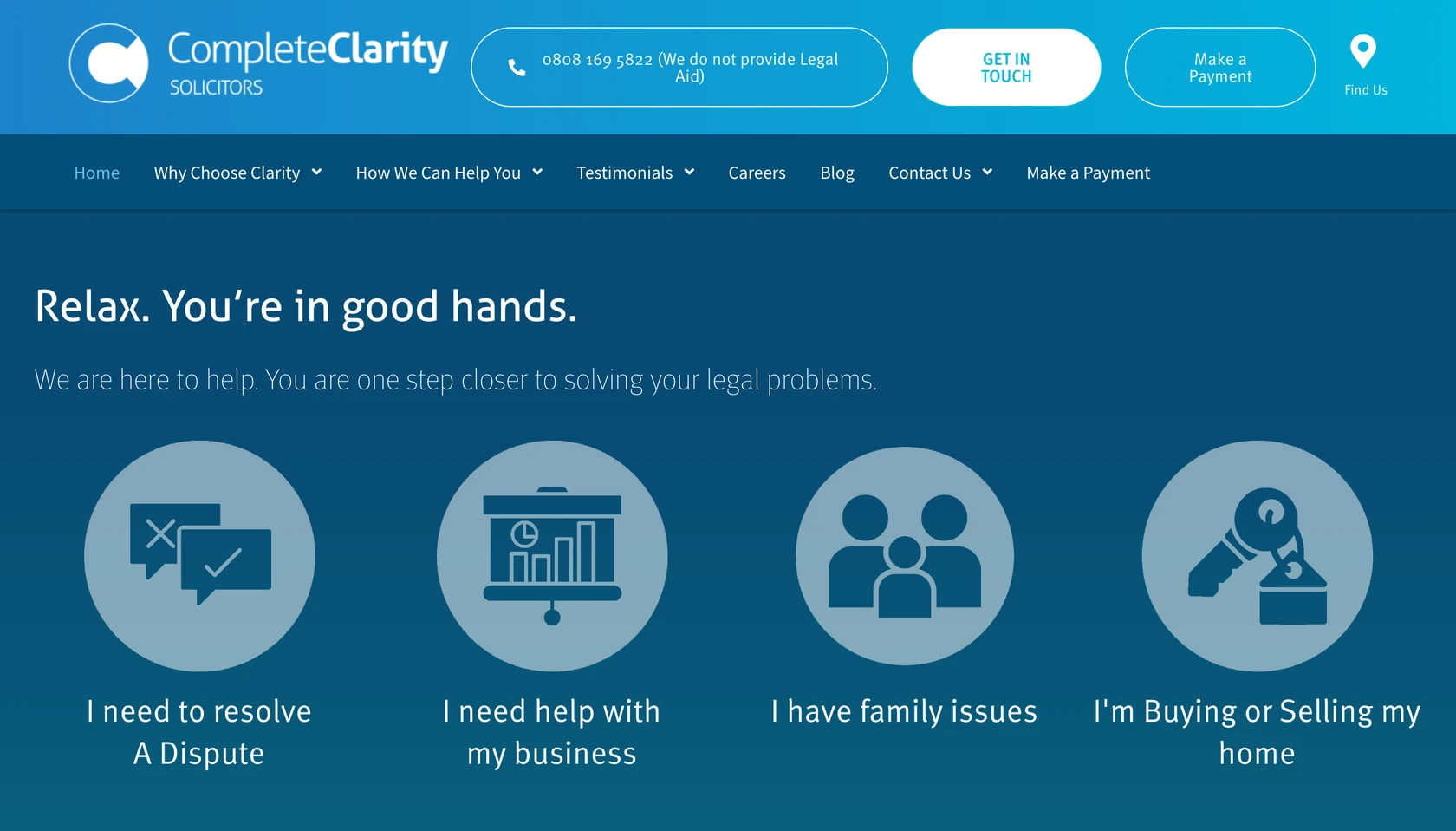 Homepage of Complete Clarity Solicitors, with a phone number and Get in Touch button in the header and four round tiles labelled with client problems