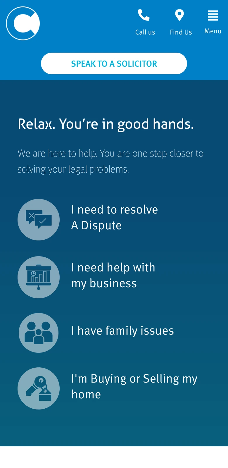 Phone view of the Complete Clarity Solicitors homepage, with labelled Call us, Find Us and Menu icons, a Speak to a Solicitor button and four problem tiles in a list