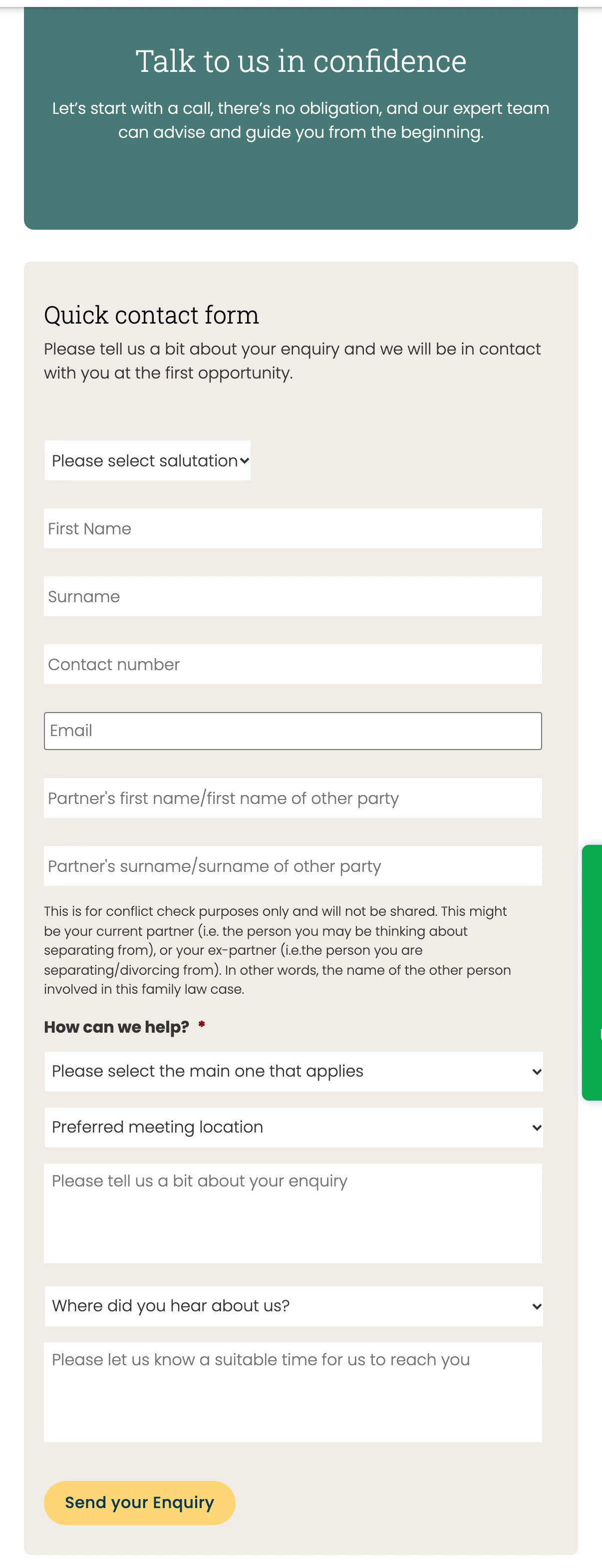 Enquiry form on the Family Law Partners contact page, under a panel headed Talk to us in confidence, with fields for the other party's name, a note about conflict checks, a How can we help list and a field for a suitable time to call