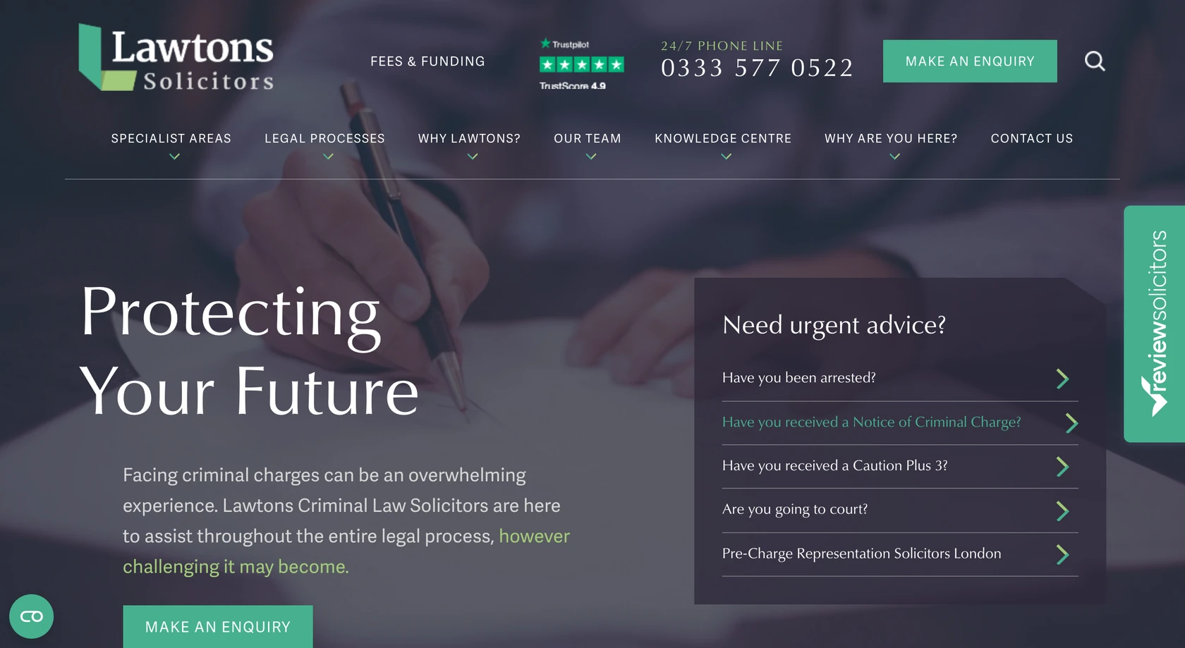 Homepage of Lawtons Solicitors, with a Fees and Funding link, a 24/7 phone line and a Make an Enquiry button in the header, and a panel headed Need urgent advice with a list of questions