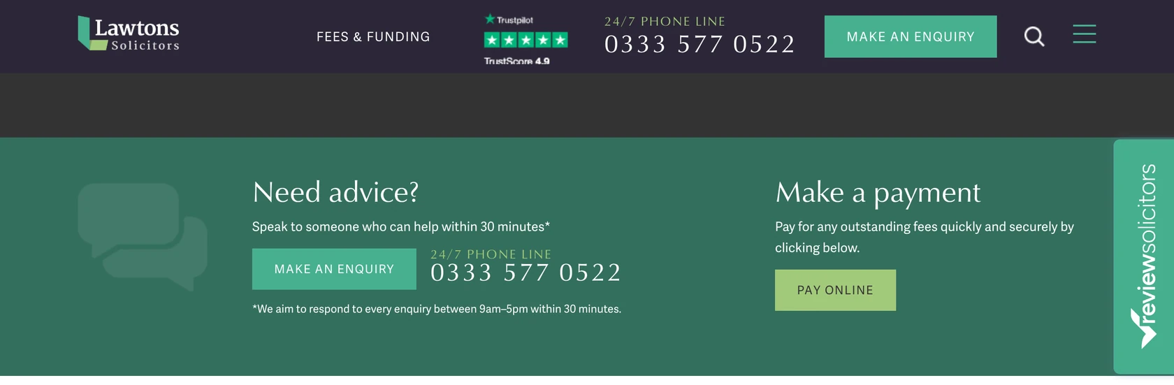 Foot of the Lawtons Solicitors homepage, with the header still visible above a green band headed Need advice, a promise to help within 30 minutes, a footnote about office hours and a Make a payment panel