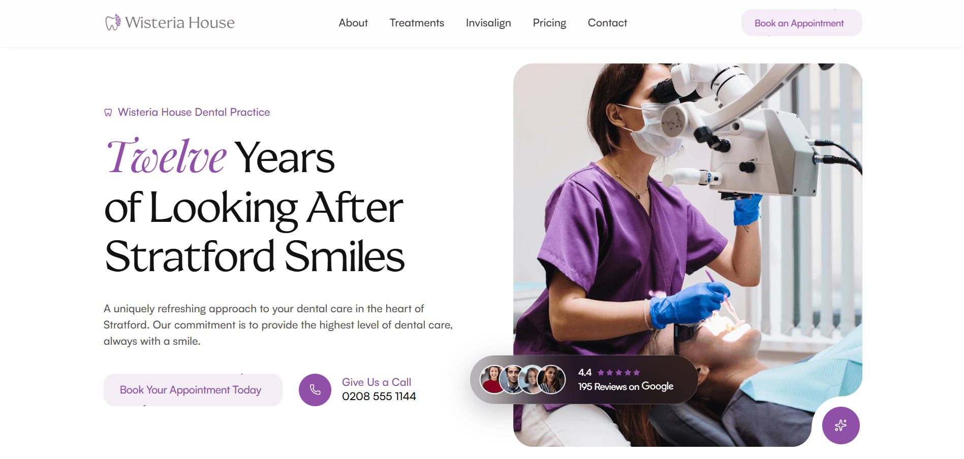 Redesigned East London dental practice homepage hero, with an editorial headline, Google rating, and a single primary booking CTA