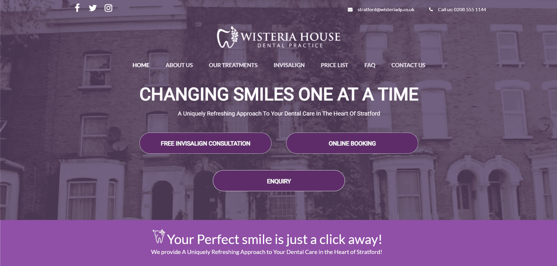 Original East London dental practice homepage hero, with three identical purple CTAs over a dark photo of a terraced street