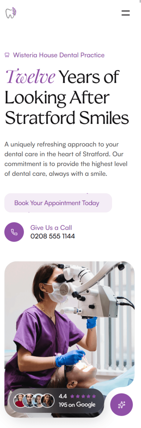 Redesigned East London dental practice mobile hero, with the editorial headline, primary CTA, Google rating, and dentist portrait