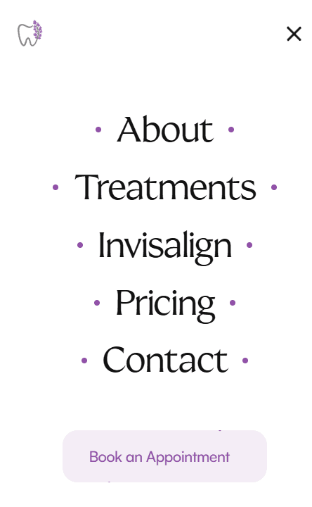 Redesigned East London dental practice mobile menu, with serif typography on a light frost surface
