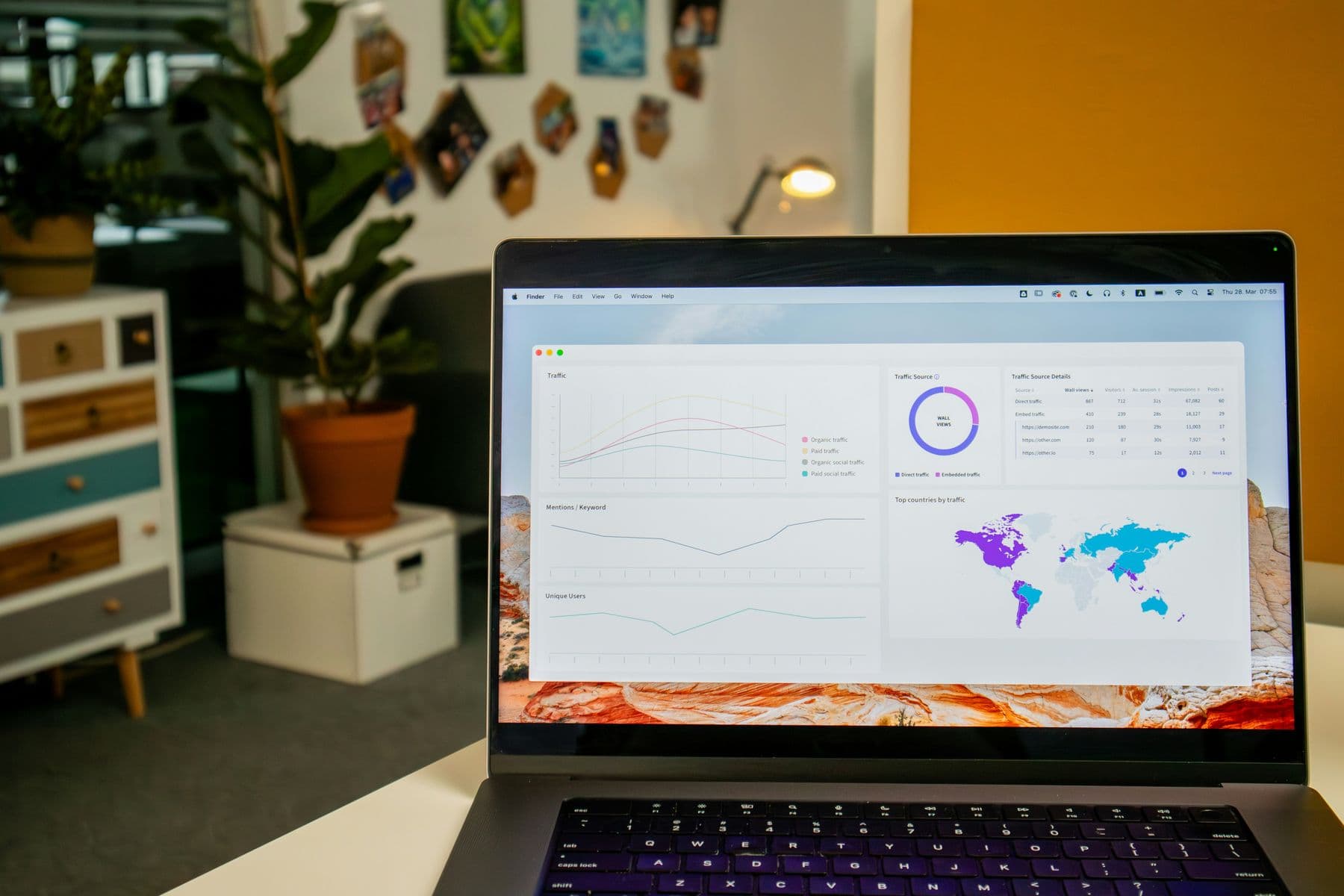 A laptop showing a dashboard of visitor charts and a world map, in a bright office with plants